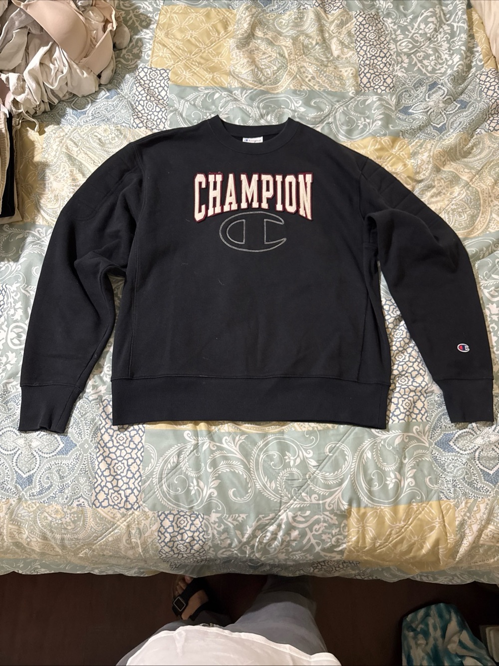 Champion Black Crewneck Sweatshirt with Red-Trim Logo